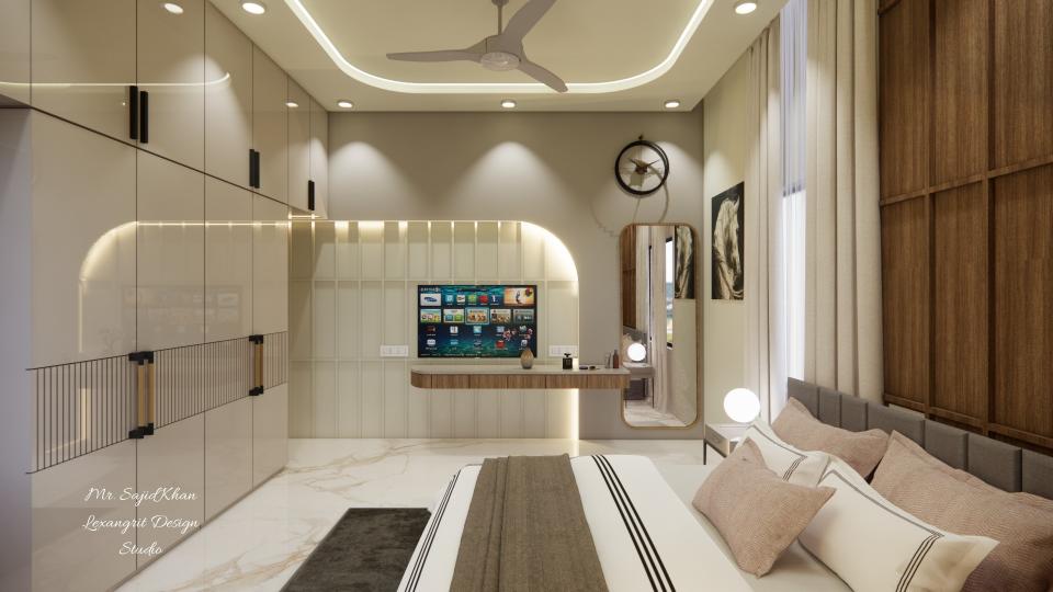 Image of the master bedroom showcasing a stylish dresser with a large mirror and decorative items against a soft-colored wall