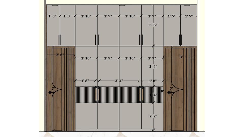 image of the master bedroom showcasing a stylish tv unit, wardrobe & decorative items against a soft-colored wall 2d dimensions