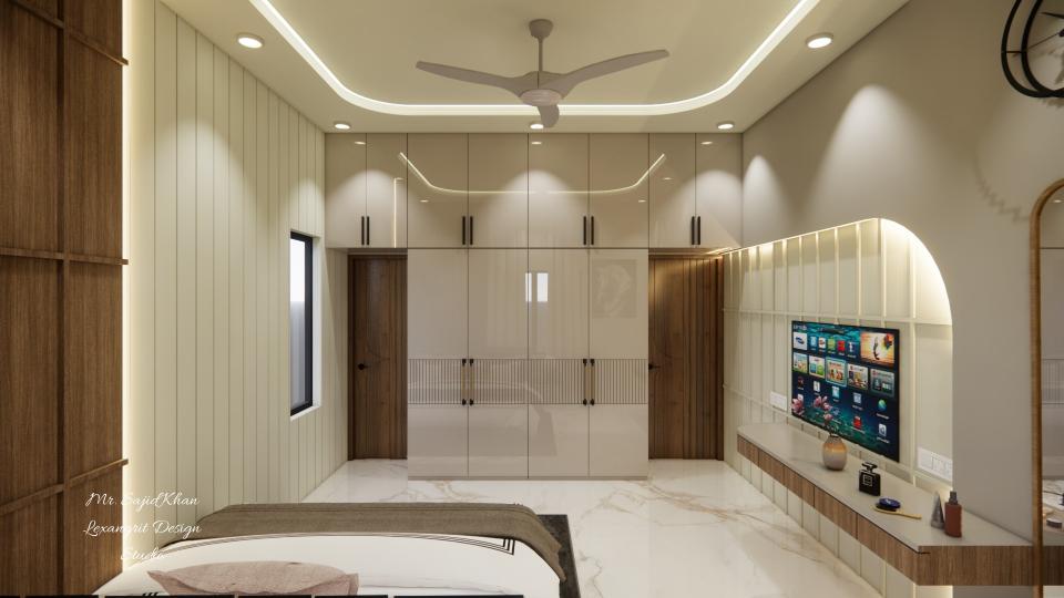 image of the master bedroom showcasing a stylish tv unit, wardrobe & decorative items against a soft-colored wall