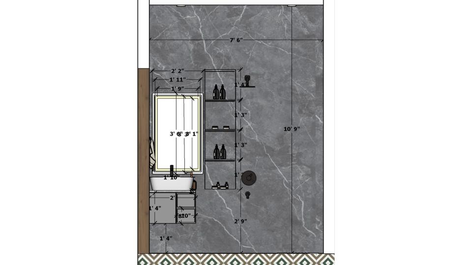 Image of the powder bath room venity unit with mirror & some open self  2d dimensions