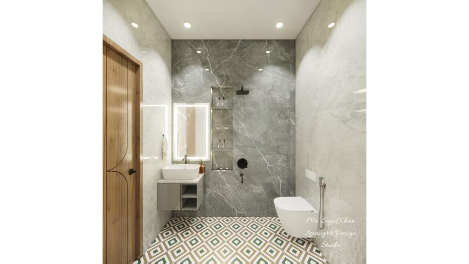 Image of the powder bath room venity unit with mirror & some open self