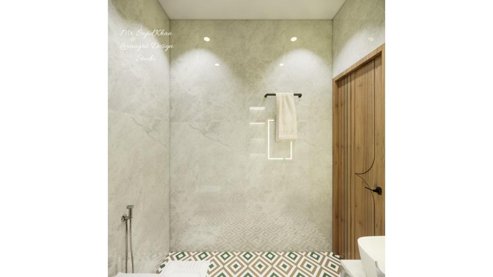Image of the powder bathroom entrance & towel rails view