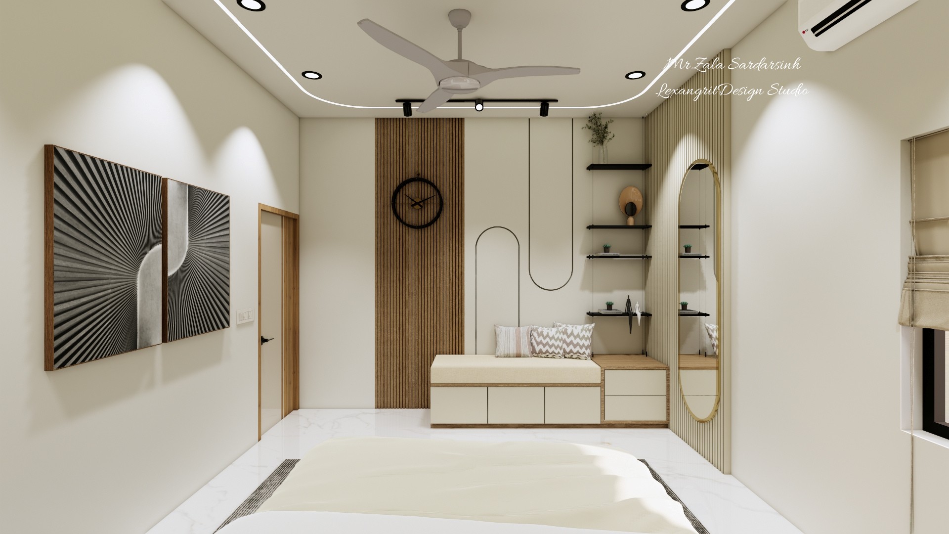 Bedroom perspective highlights a built-in bench, vertical wood slats, display shelves and rounded mirror.