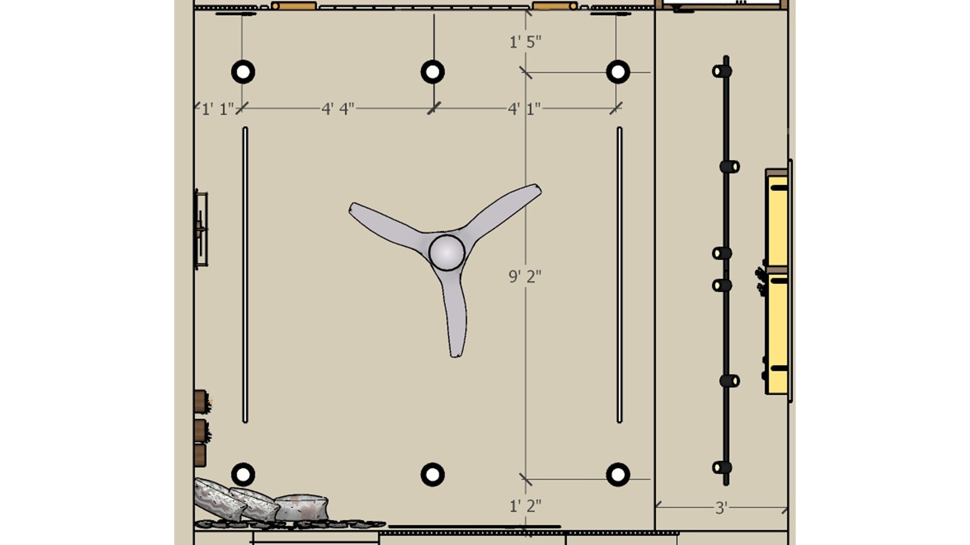 Ceiling plan maps the fan, spotlights and linear fixtures with room dimensions and a perimeter outline.