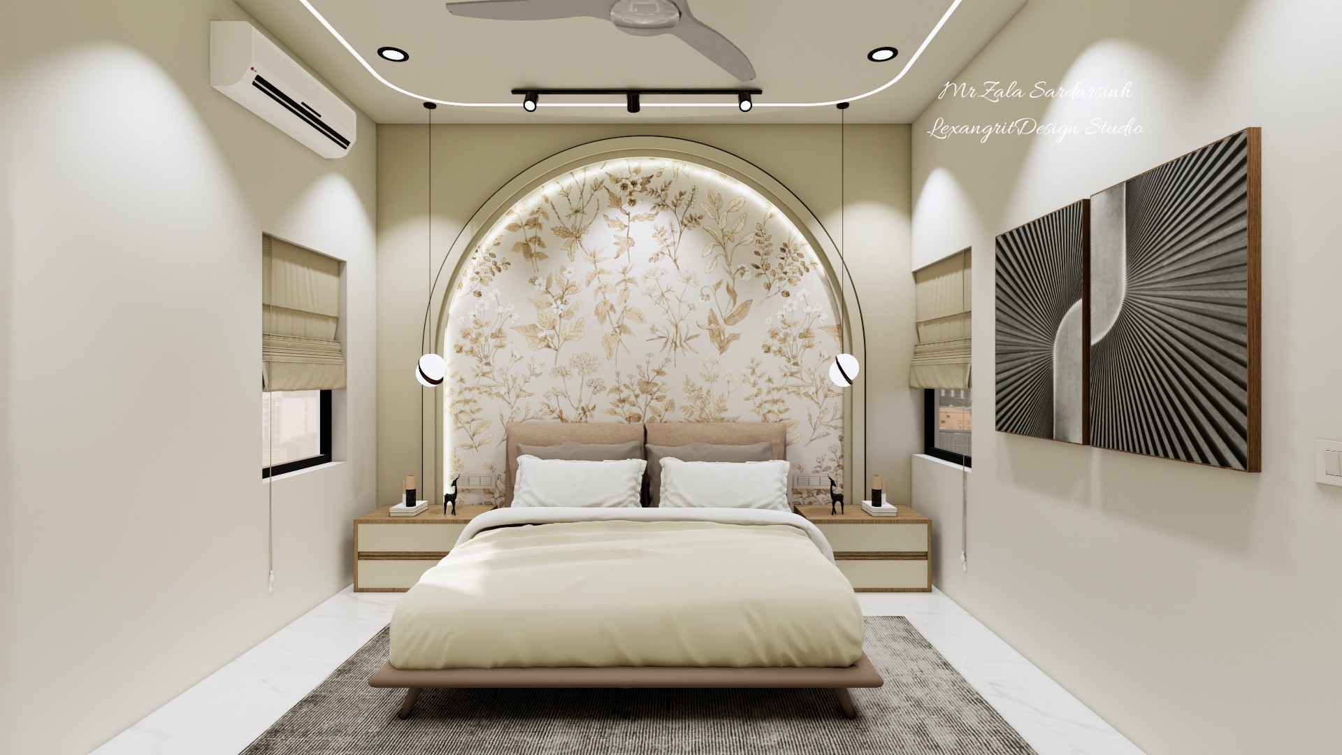 Bedroom view pairs a cream bed with floral arch, slim bedside tables and sculptural wall art.