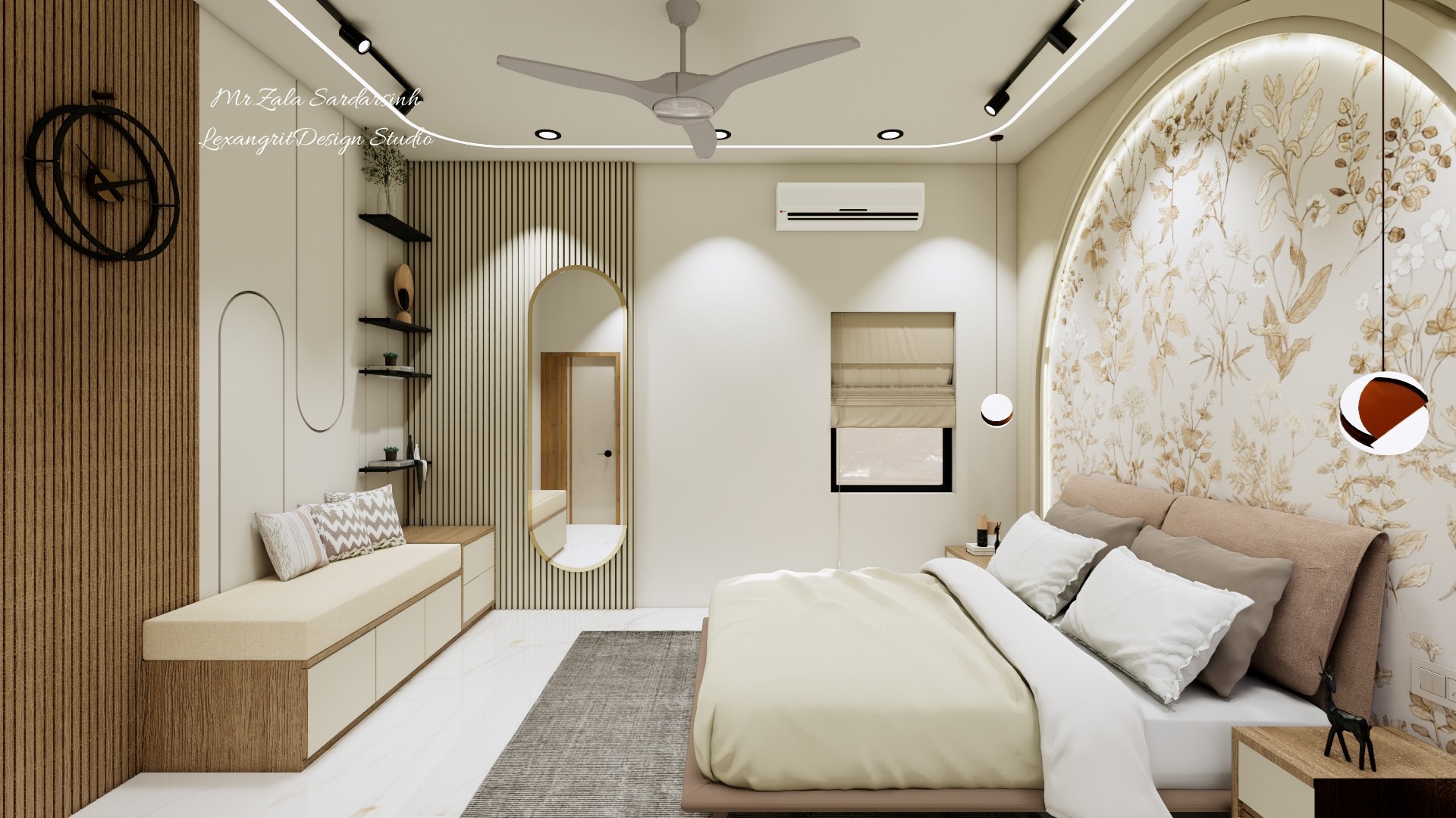 Reverse bedroom view shows the bed, curved floral headboard, mirror, bench and layered shelving.