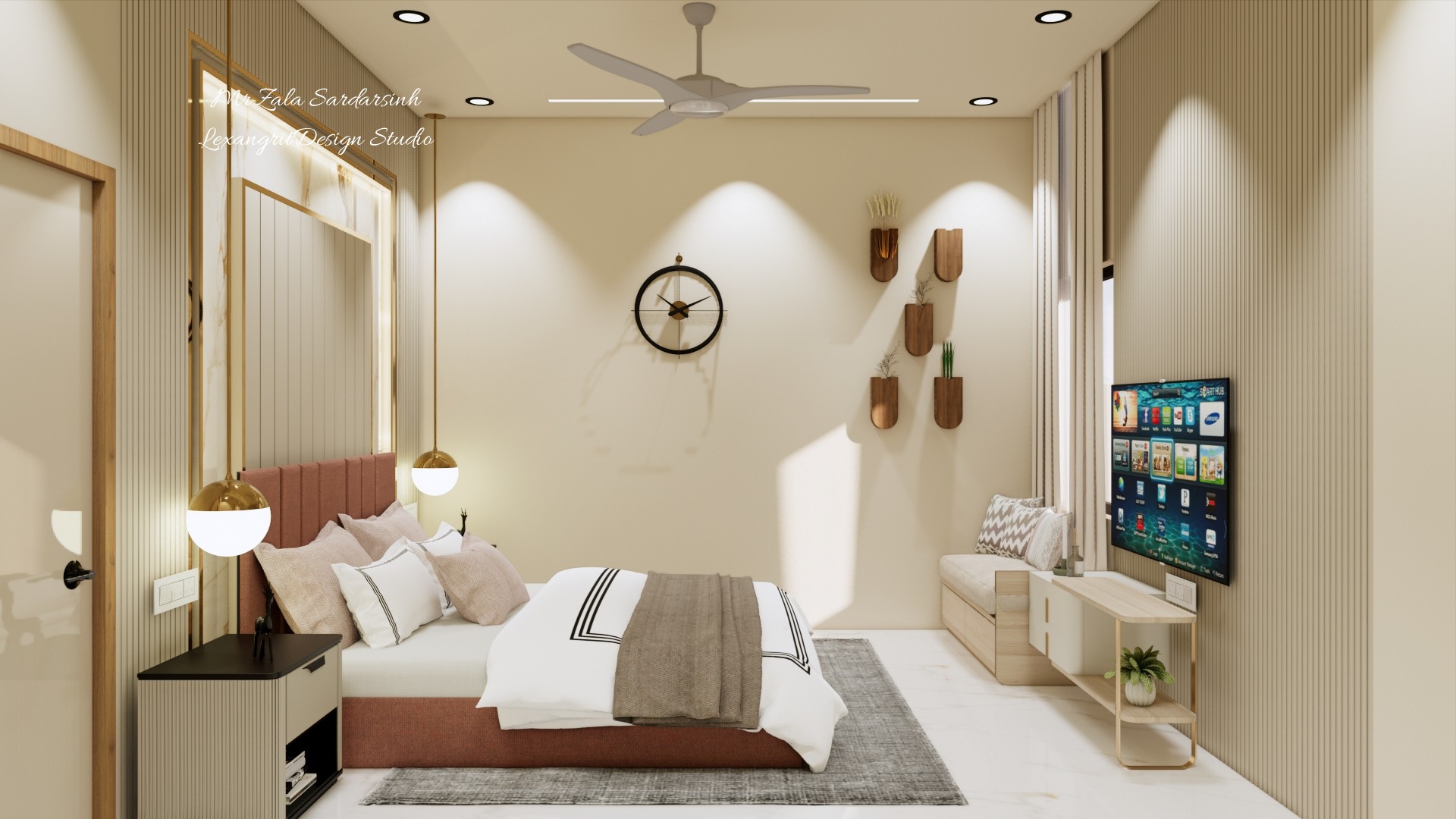 Bedroom perspective combines blush headboard, pale bedding, wall clock, media console and slatted panels.