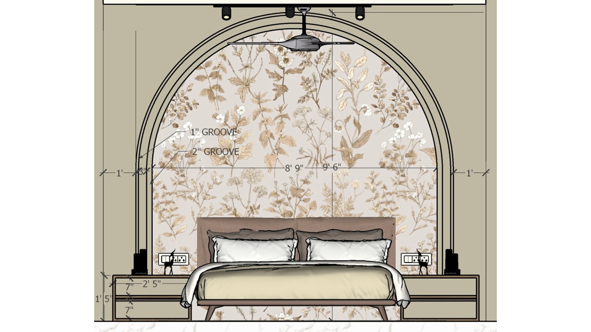 Dimensioned bedroom elevation shows a bed centered beneath a curved floral wallpaper feature.