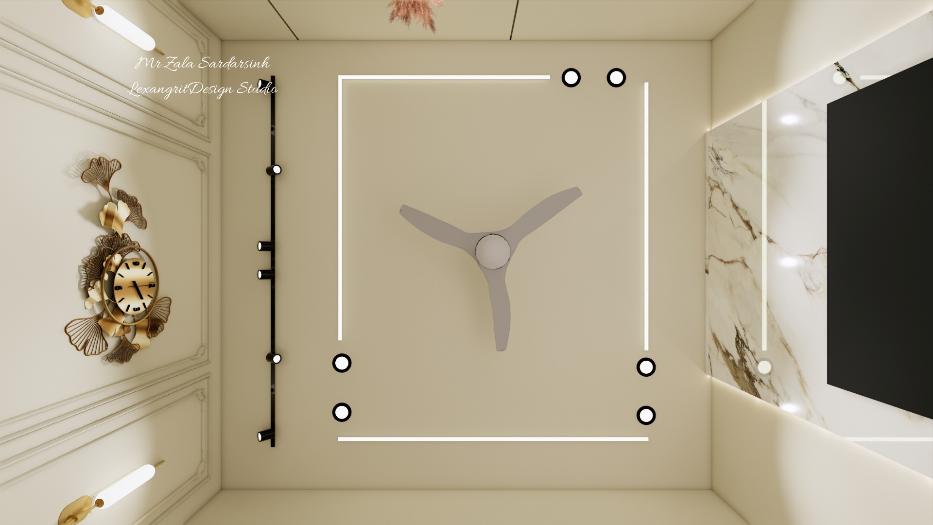 Ceiling view shows a central fan, recessed spots, linear lights and decorative wall sconces.
