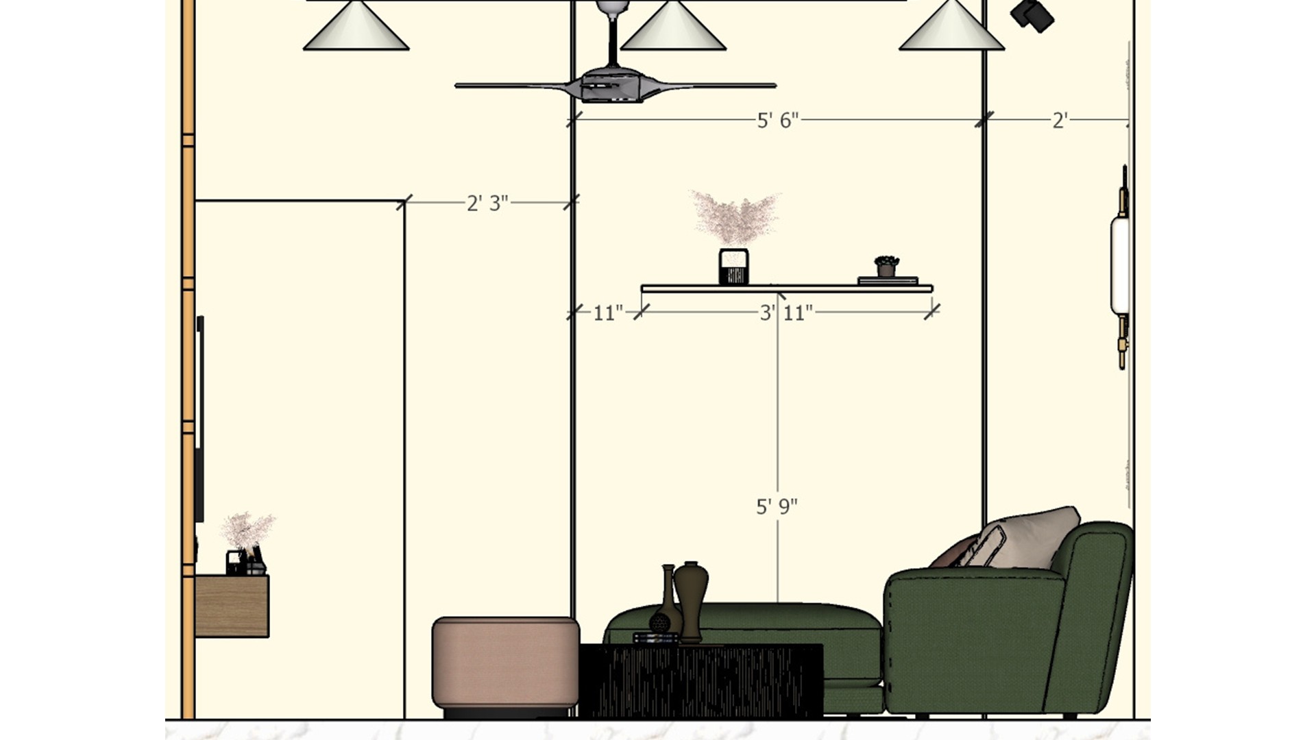 Living room elevation marks the sectional, ottoman, floating shelf and ceiling fan with dimensions.