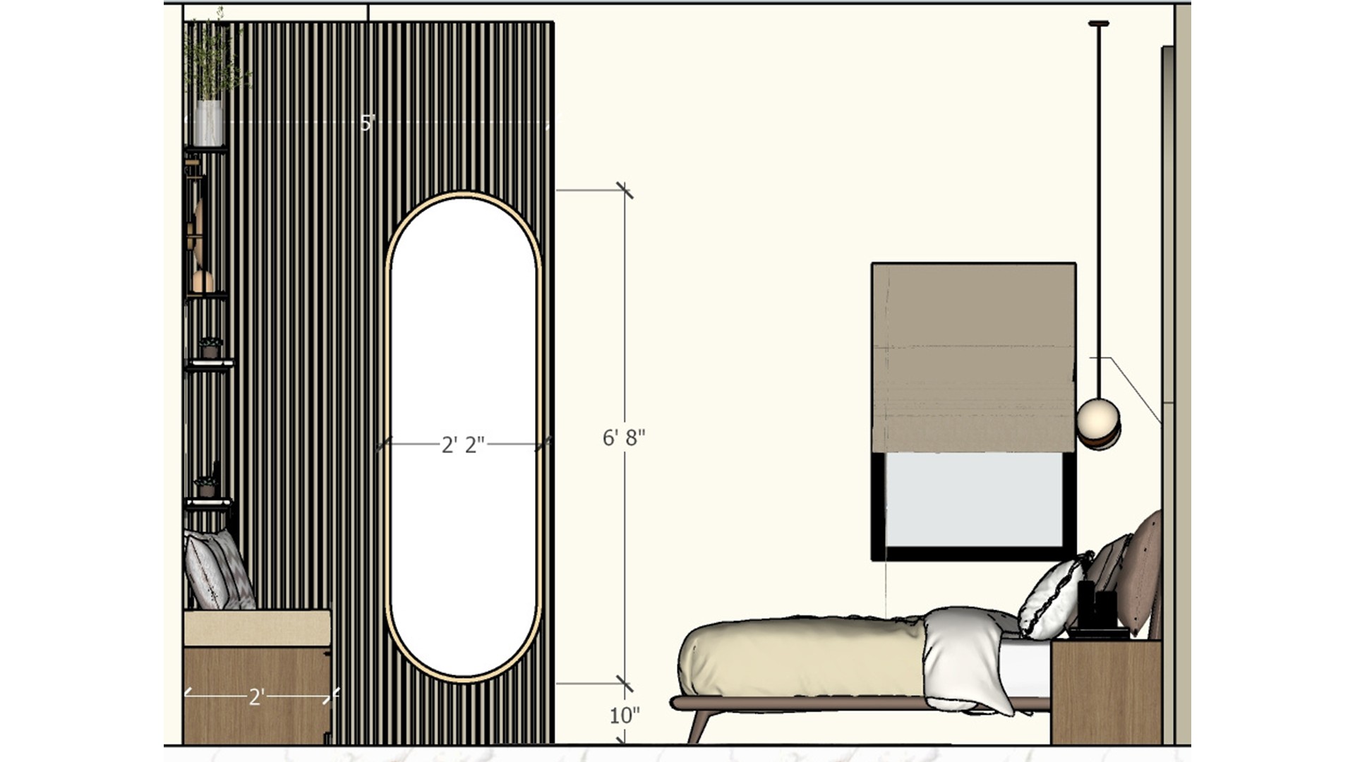 Bedroom elevation shows a tall oval mirror, ribbed panel, shaded window and side of the bed.