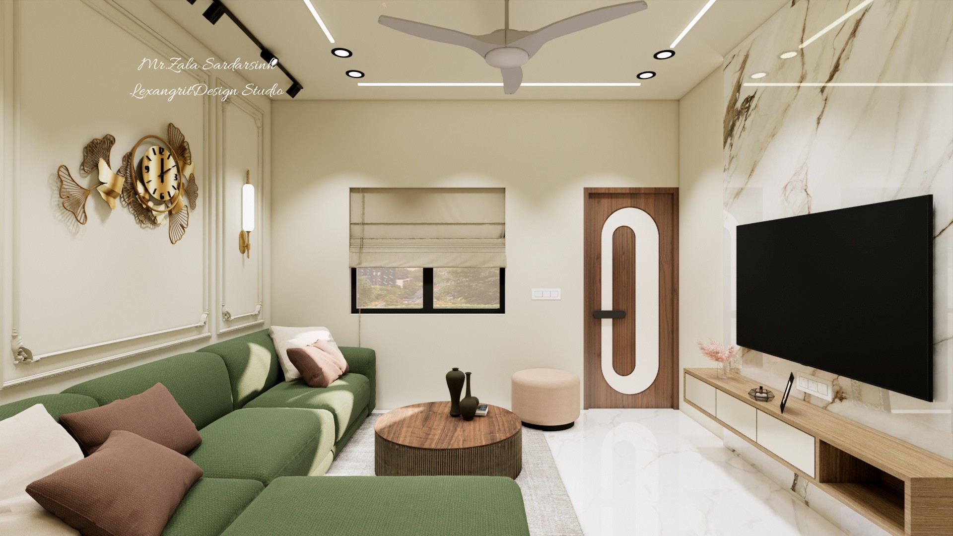 Angled living room view combines green seating, marble television backing, wood door and wall clock.