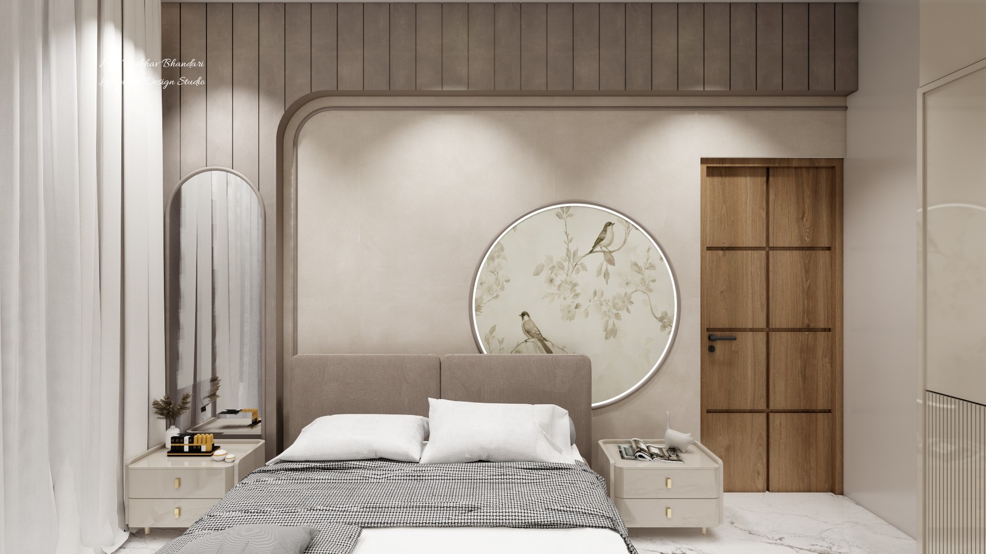 Centered bed beneath circular botanical wall art, framed by slatted wood, sheer curtains, bedside tables, and a warm wood door.