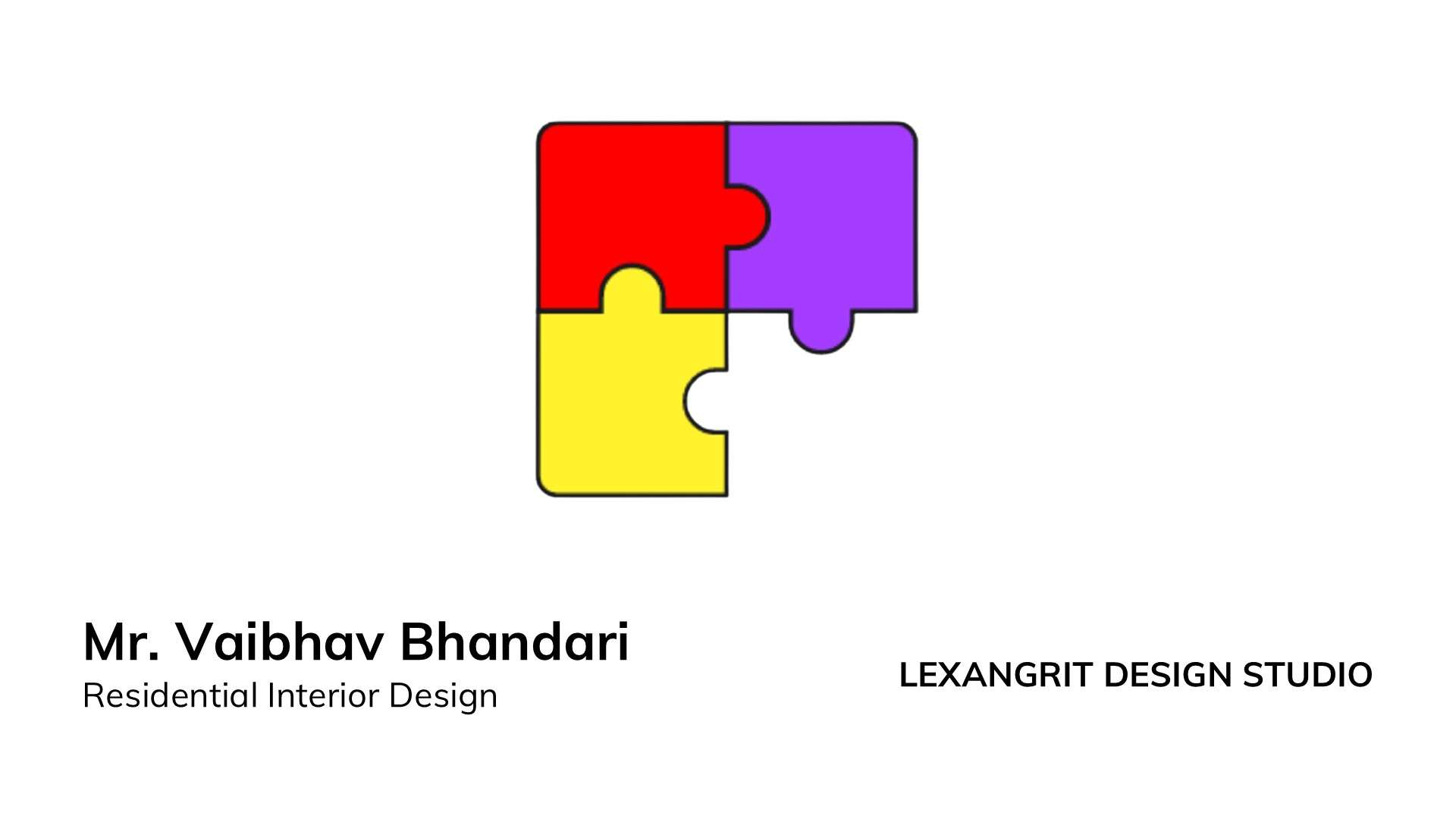 Portfolio cover with colorful puzzle mark, residential design label, client name, and studio branding.