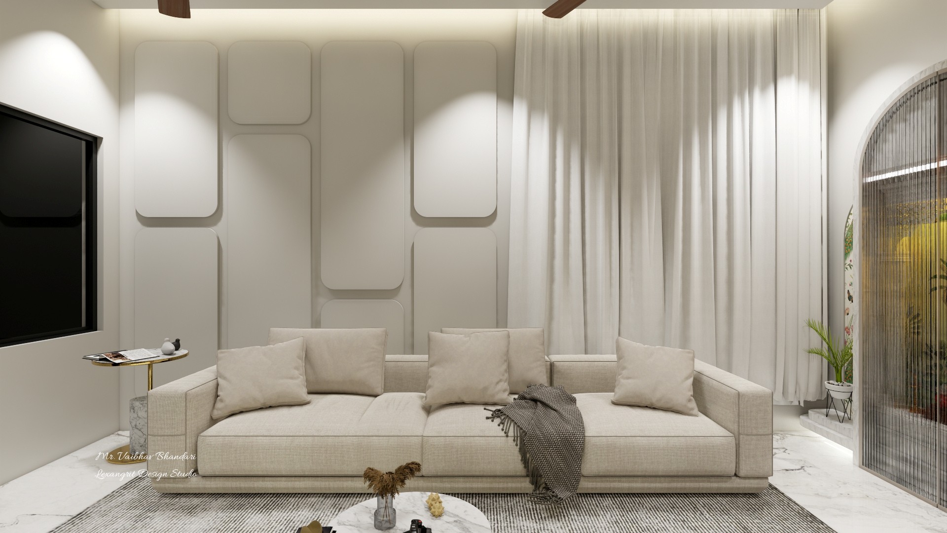 Cream sofa beneath sculpted wall panels and sheer curtains, with a black screen and arched glass partition.