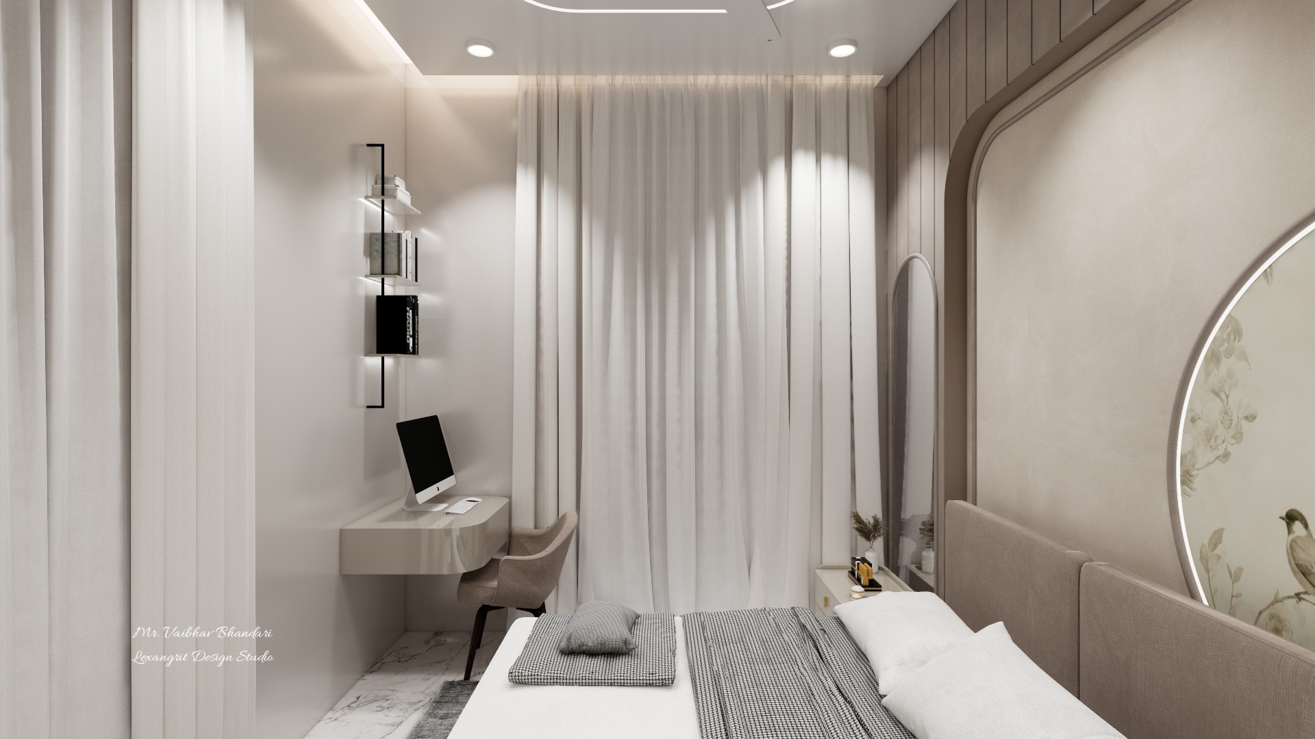 Bedroom view with white bedding, gray headboard, circular botanical mural, desk alcove, and full-height curtains.