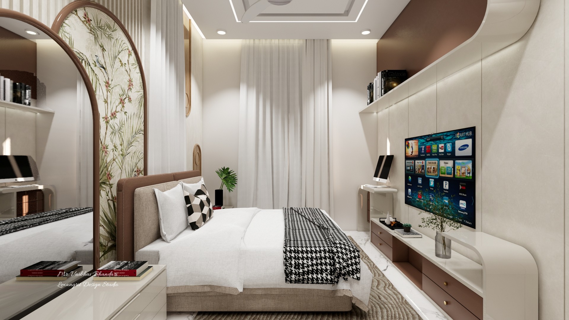Low bed with white linens and checked throw faces a wall-mounted television over a pale curved-front console.