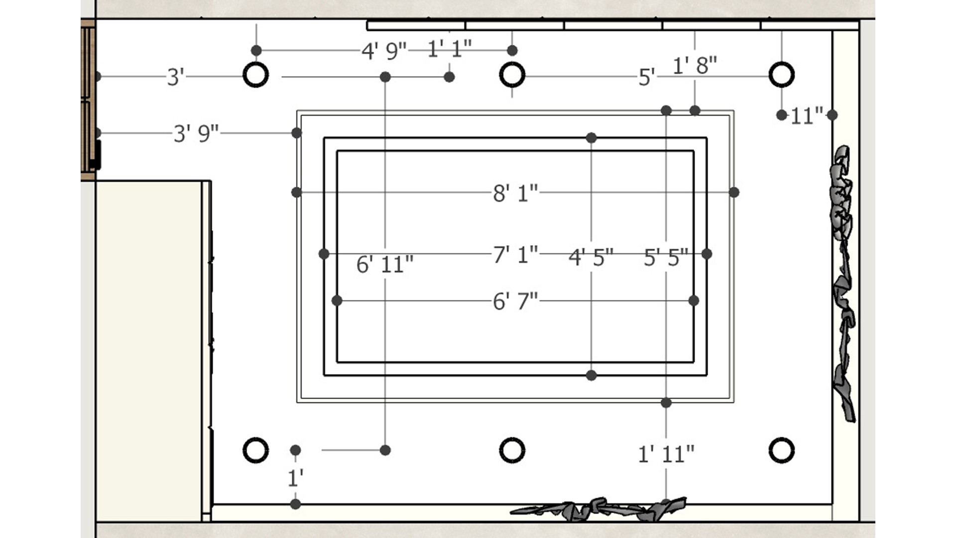 Dimensioned ceiling plan showing nested rectangular recesses, circular downlights, and measurements around the bedroom.