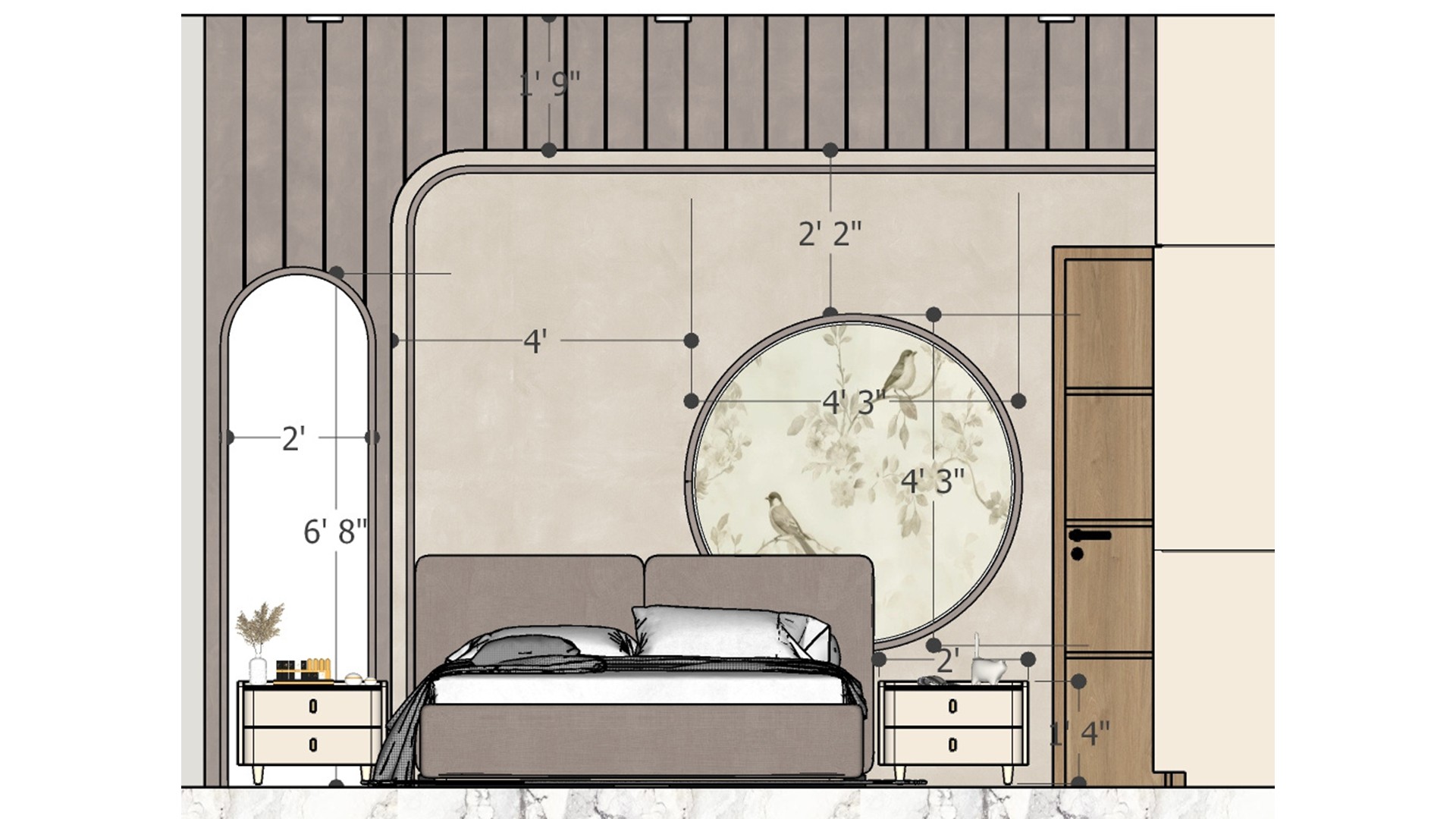 Dimensioned elevation of the bed wall with circular botanical panel, slatted upper trim, bedside tables, and adjacent door.