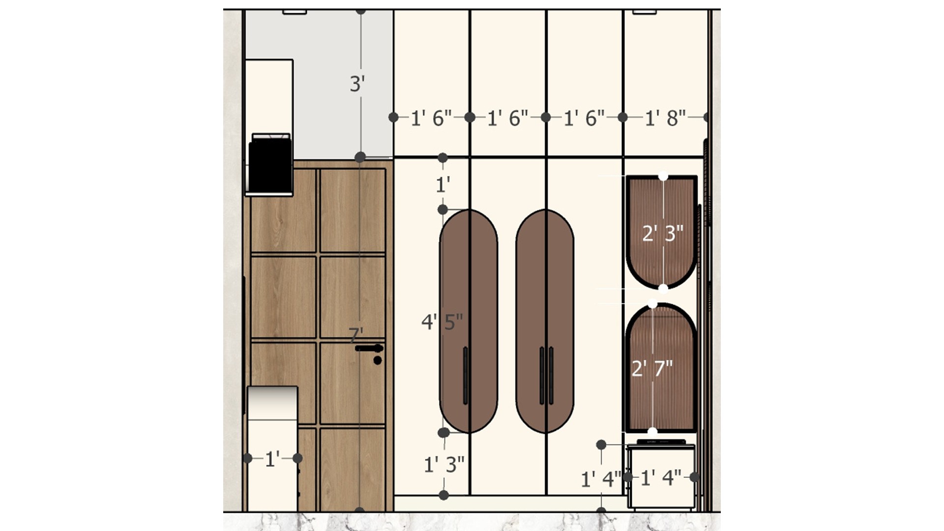 Dimensioned wardrobe elevation with tall wood cabinet, two rounded brown doors, and stacked arched niches.