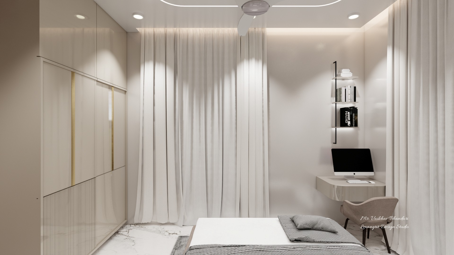 Bedroom workspace with pale wardrobe, full-height curtains, floating desk, monitor, wall shelves, and recessed lighting.