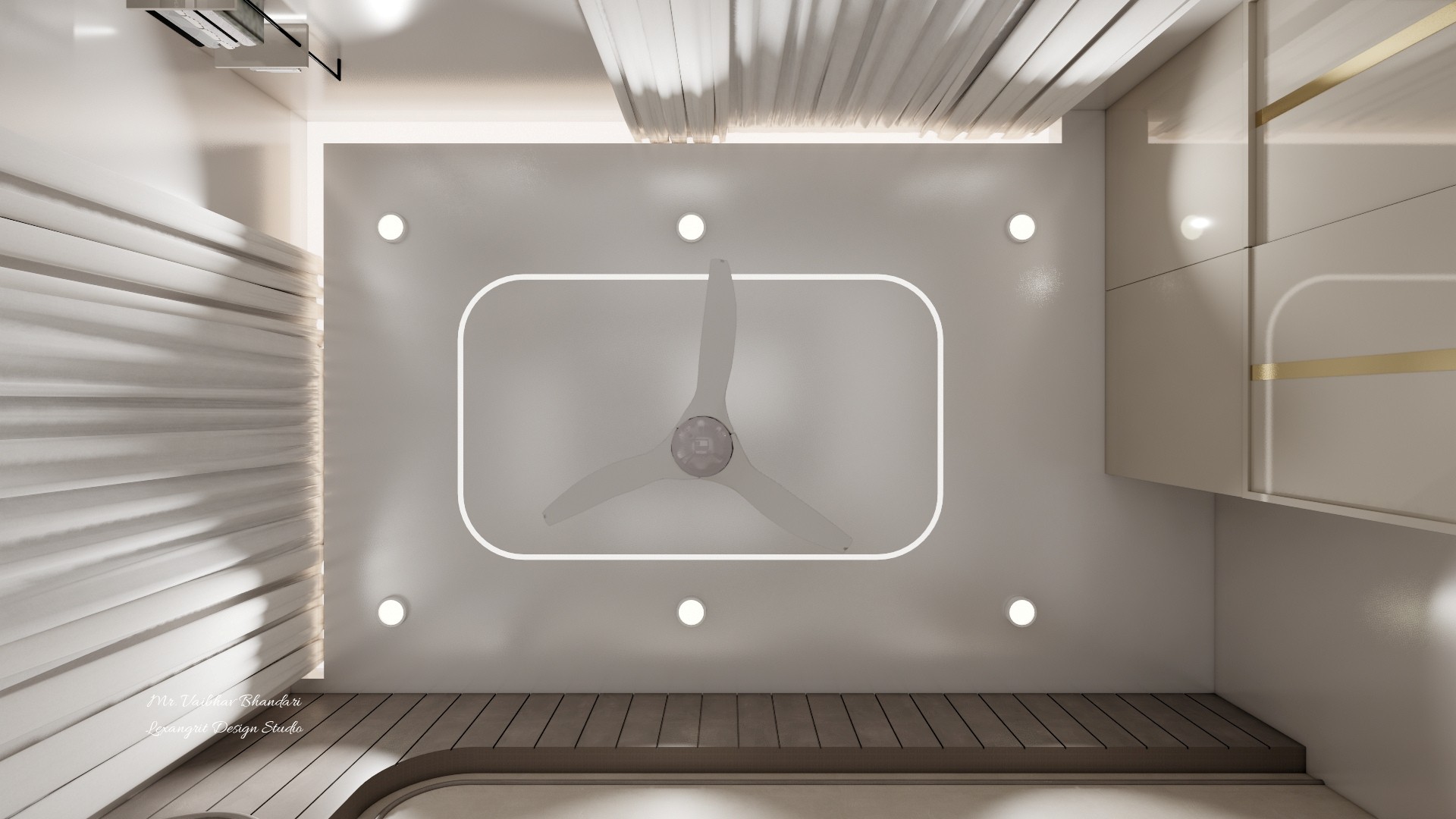 Ceiling fan within a softly lit recessed rectangle, ringed by small downlights, with slatted wood trim and pale curtains.
