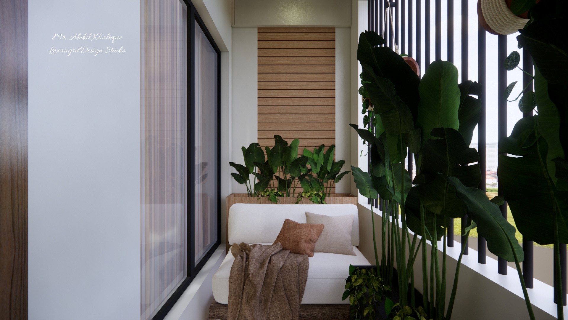 A balcony that begs you to sit down — plush cushions, soft throws, and a little table for coffee, all wrapped in string lights and good intentions.