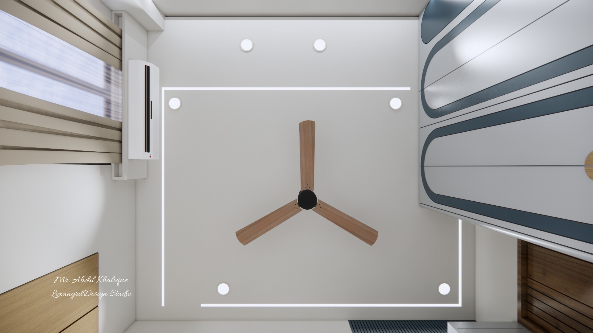 A bedroom ceiling that proves less can be more — plain white surface, no trays, no drops, just warm profile lights tracing the edges like a quiet hug.