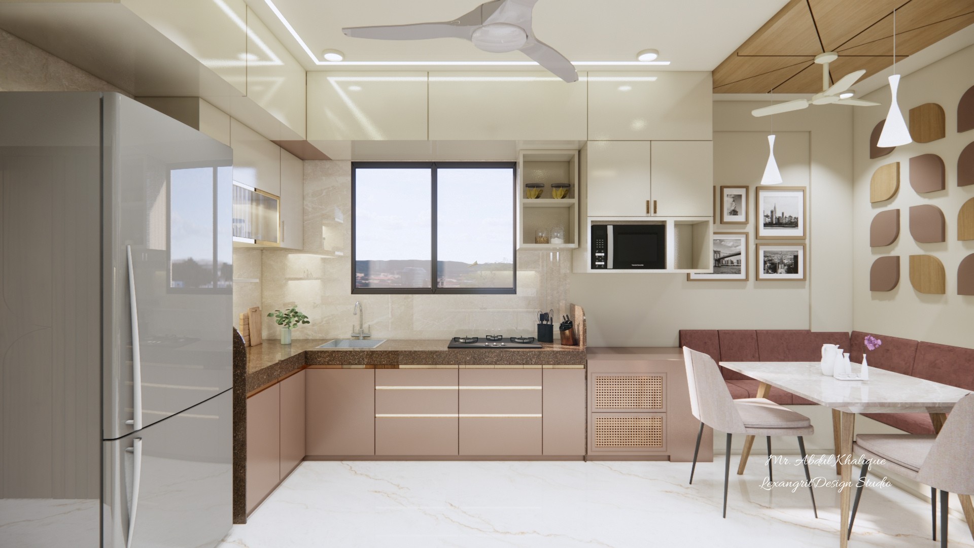 A bi-color L-shaped open kitchen where gas oven and microwave live side by side, flowing into an attached dining area — no fridge, no clutter, just clean cooking.