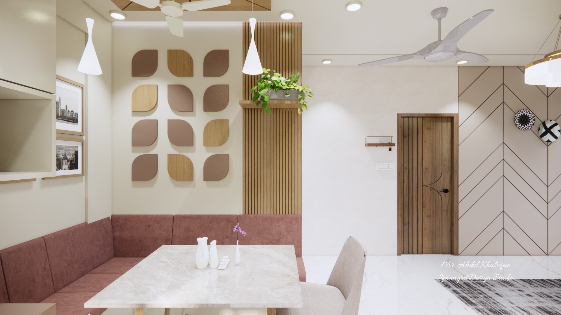 A dining wall wrapped in charcoal-stained wooden louvers — where vertical rhythm meets warm, smoky depth, turning everyday meals into a textured experience.