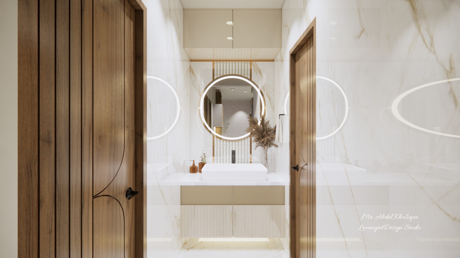 A handwash area that feels more spa than sink — round mirror floating like a full moon, hanging vanity storage keeping essentials close but clutter away.