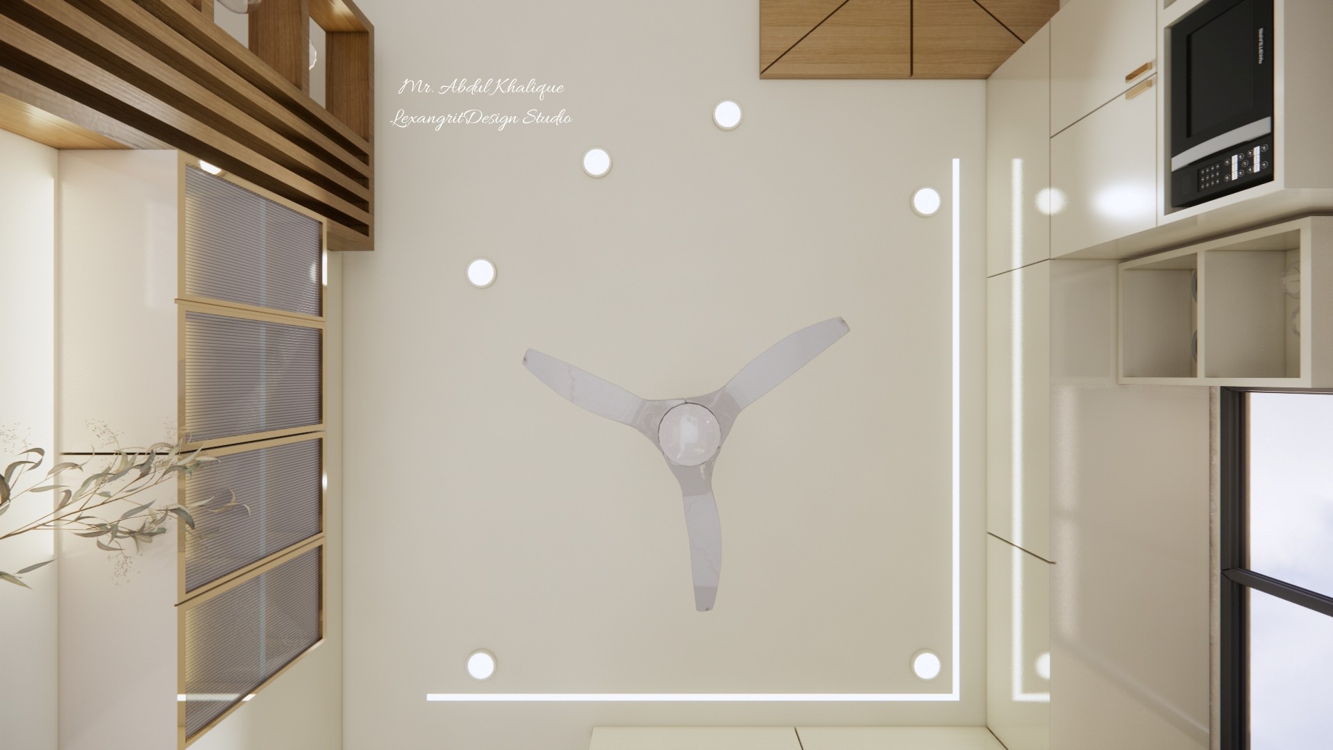 Top view of a plain kitchen false ceiling with an L-shape profile light, recessed spot lights and a ceiling fan