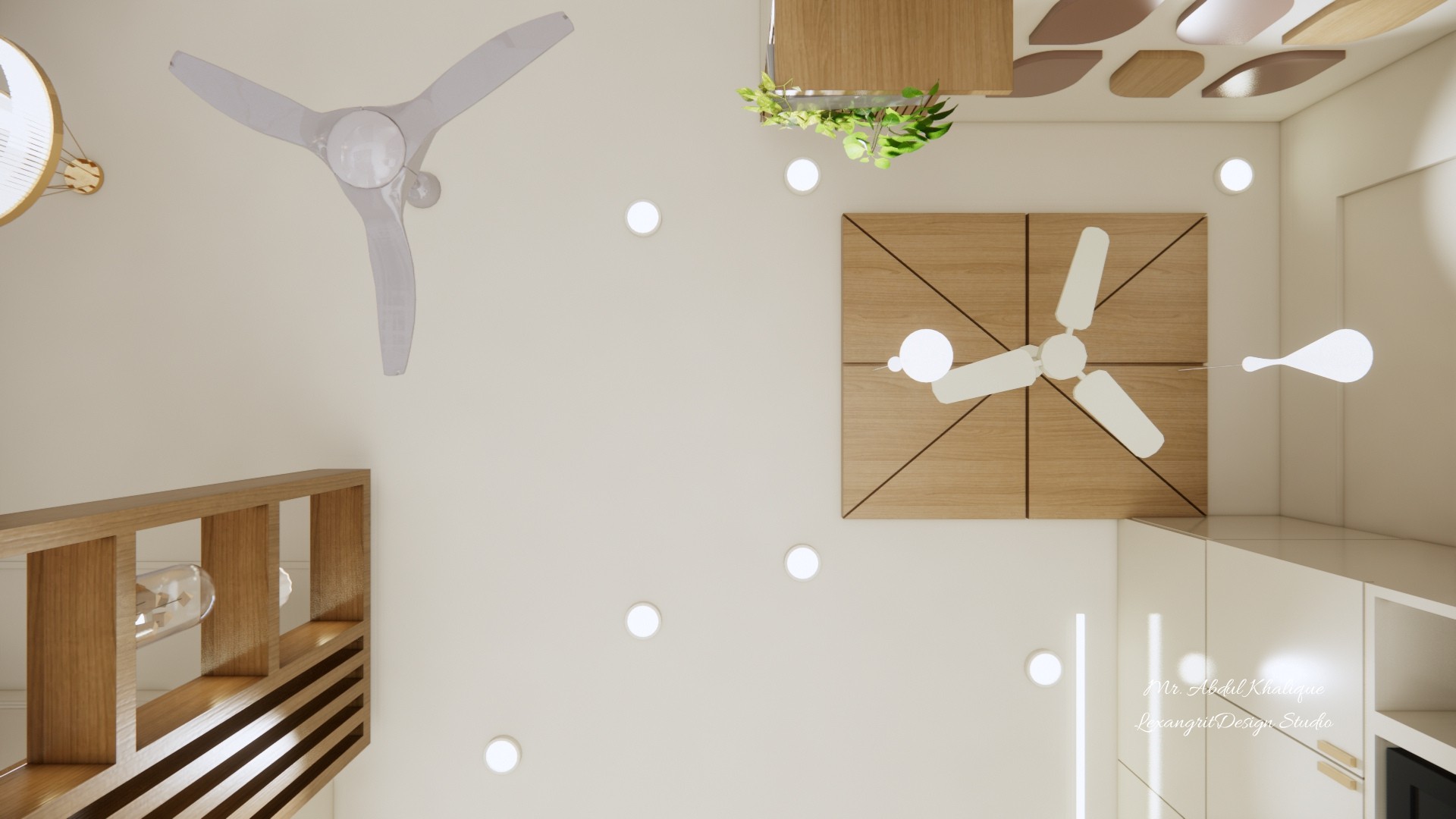 A kitchen stays open and airy with a plain white ceiling, while the dining area warms up with wooden false ceiling — one space, two distinct moods.