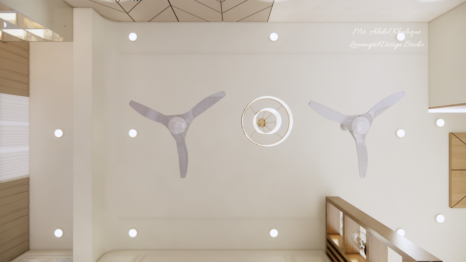 A living room ceiling thoughtfully designed for two fans — because one fan shouldn't have to work overtime in a space meant for gathering.