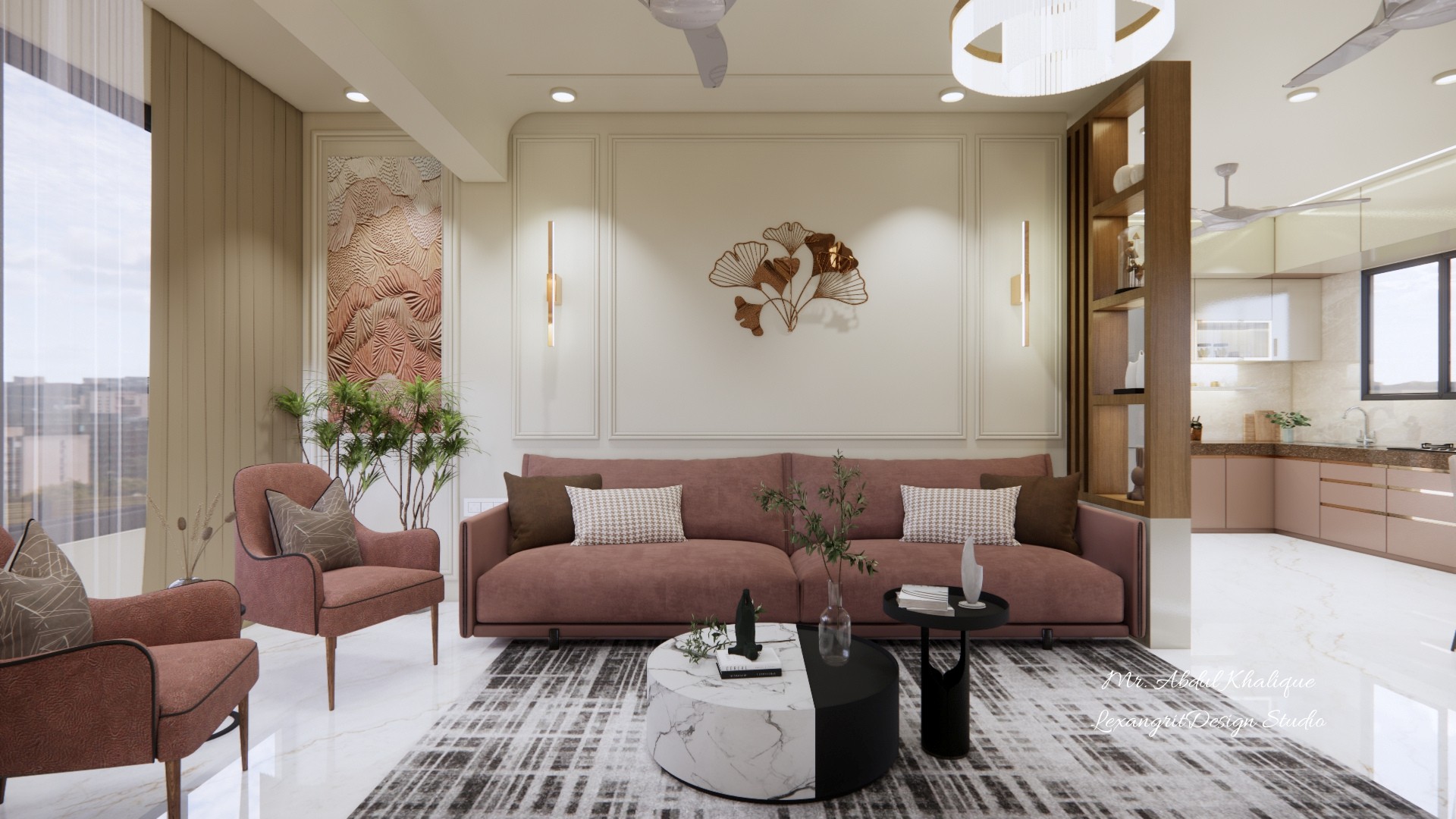 A blush peach sofa paired with two matching chairs, set against a sofa back wall dressed in elegant white molding — soft, sophisticated, and undeniably inviting.