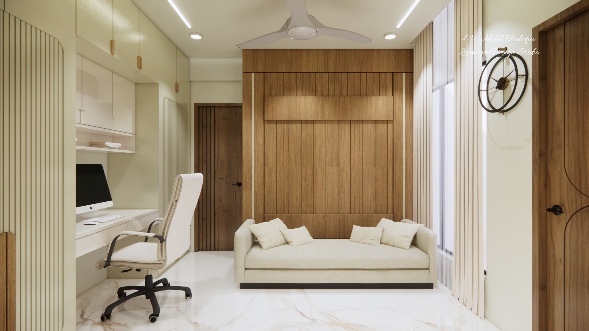A study room that moonlights as a guest room — wall-mounted folding bed hides when working, drops down for sleeping, with sofa and cupboards keeping things civilized.