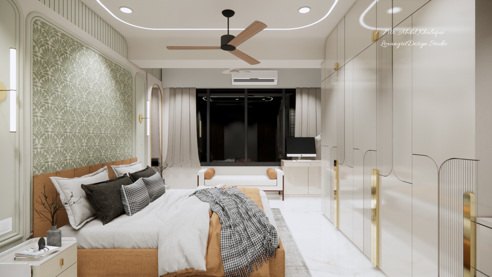 Modern bedroom interior featuring a window-side seating area, study table with computer gaming setup, floor-to-ceiling wardrobe, and elegant patterned headboard wall.