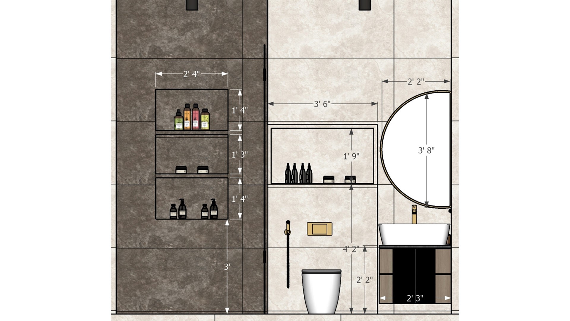 2D measurement drawing of bathroom niche handwash vanity half moon mirror and WC with niche