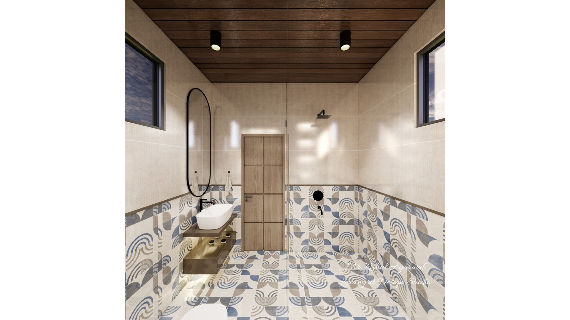 5x6 ft bathroom bi colour tiles dark wooden ceiling oval mirror floating vanity vessel sink and black matte shower fittings