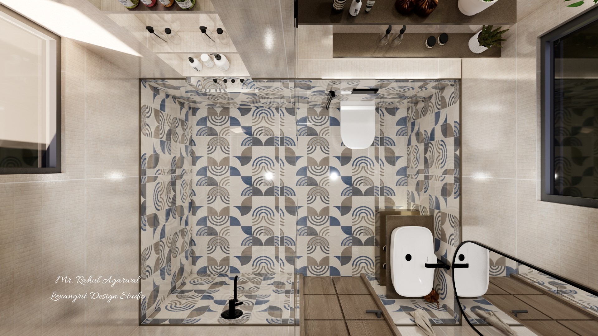 5x6 ft toilet 3D floor plan top view with patterned shower tiles frameless glass partition wall hung WC and wooden dry area