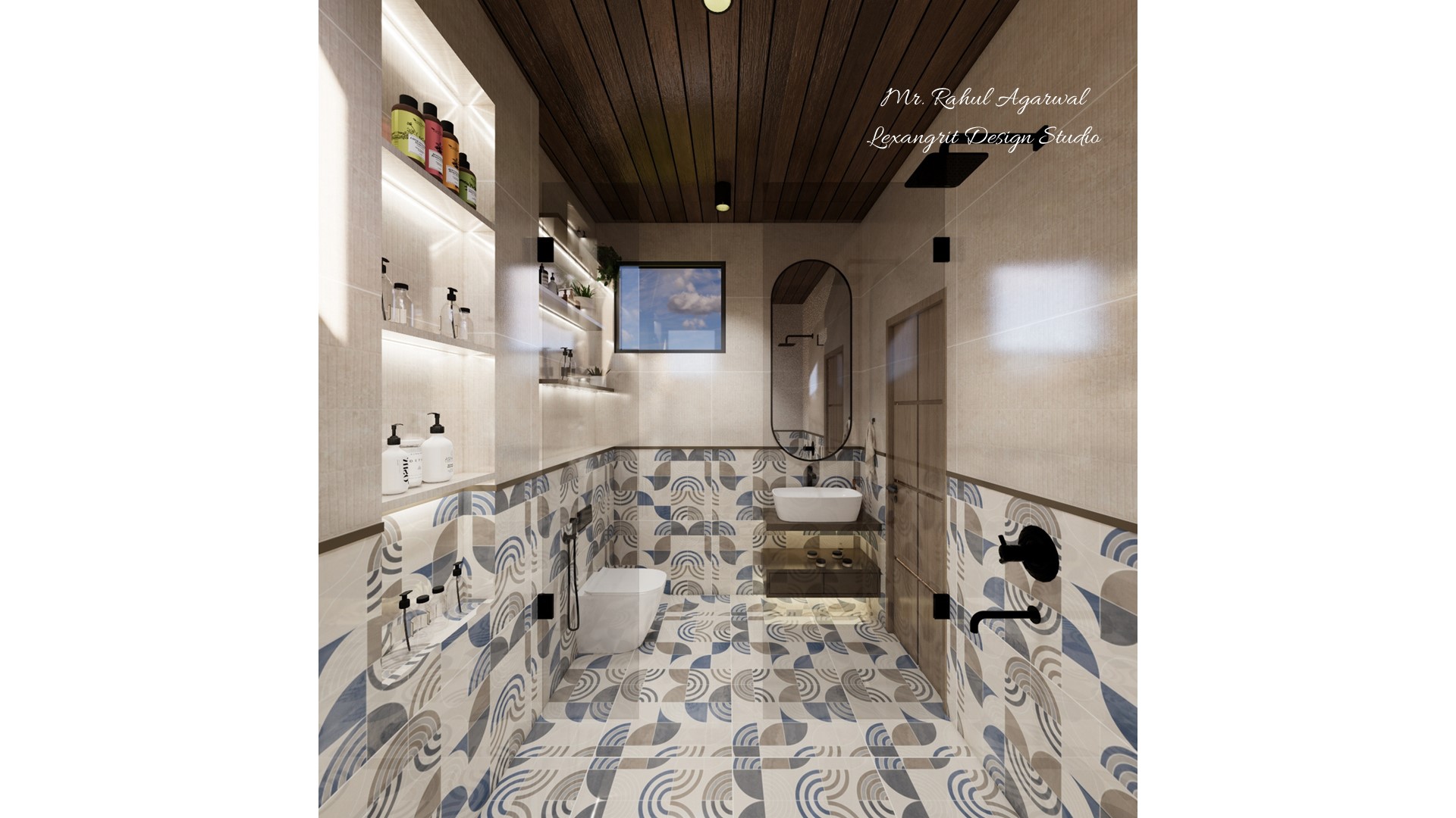 5x6 ft bi colour toilet design with patterned tiles wooden ceiling wall niches handwash vanity oval mirror WC and shower