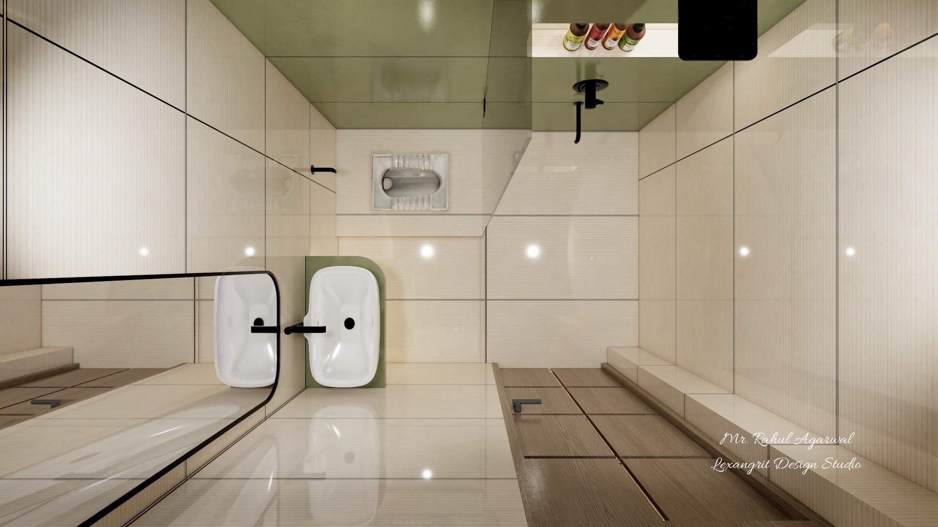 Alt: 5x6 washroom 3D floor plan with Indian squat toilet shower area and vanity