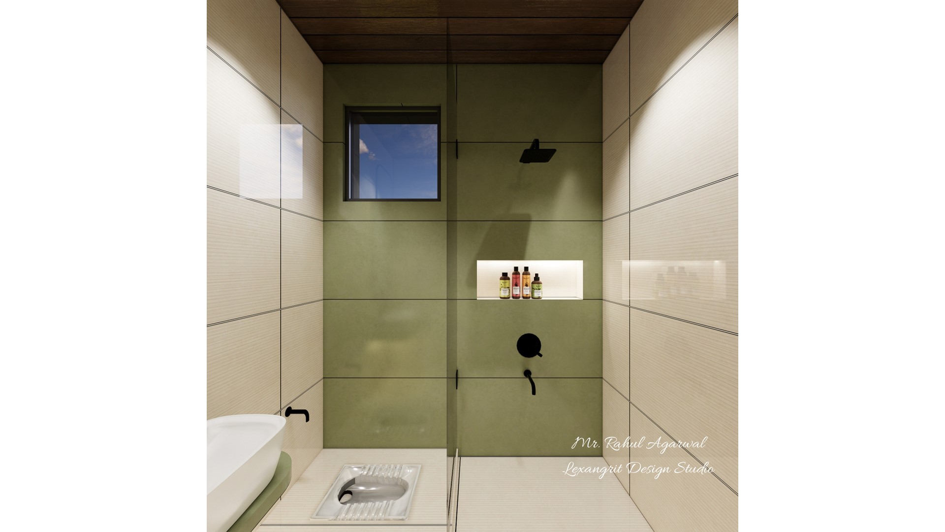 5x6 washroom shower wall with wall niche and Indian style squat pan design