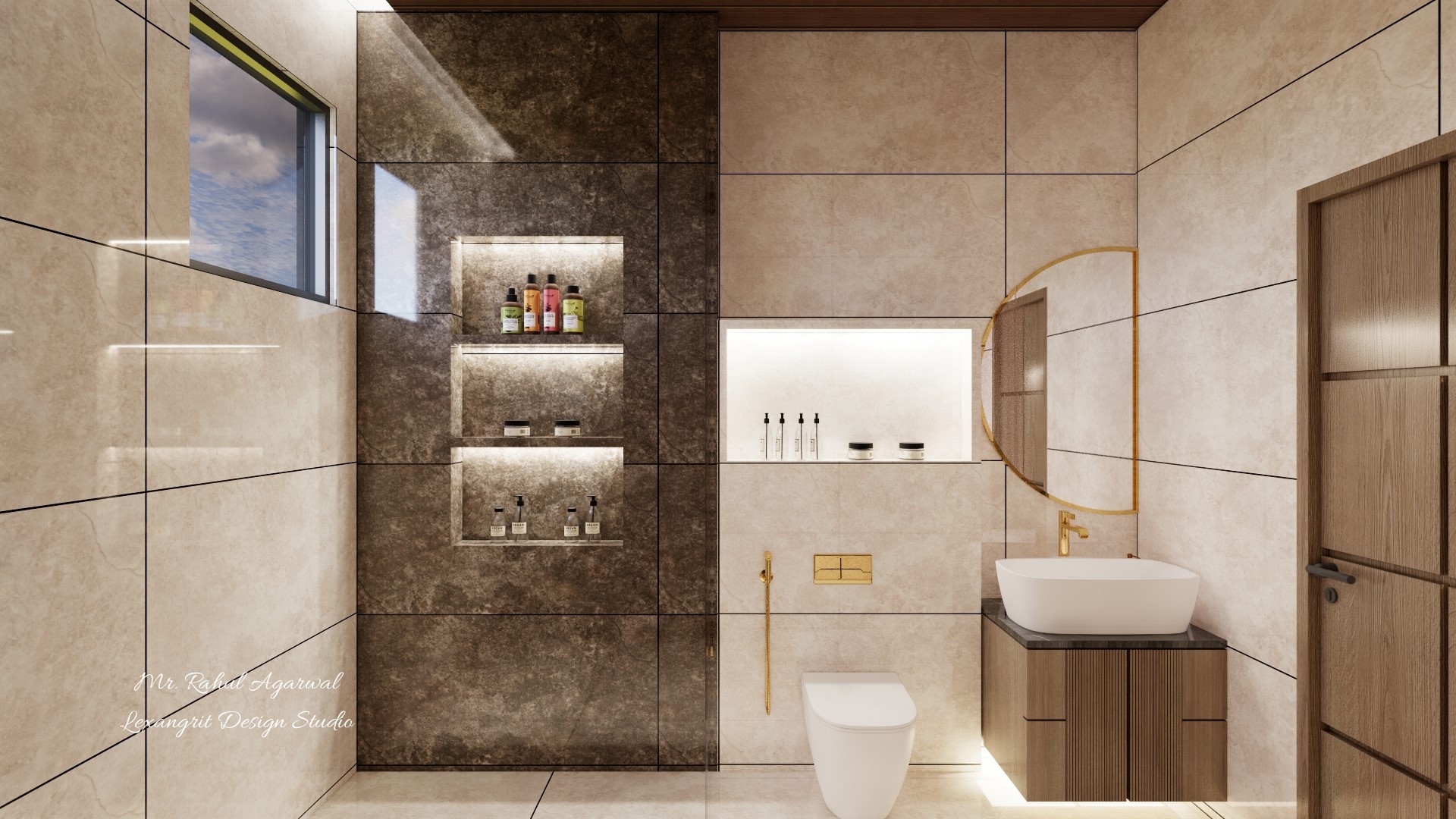 6x3 attached bathroom design with wall niche handwash area half moon mirror and WC