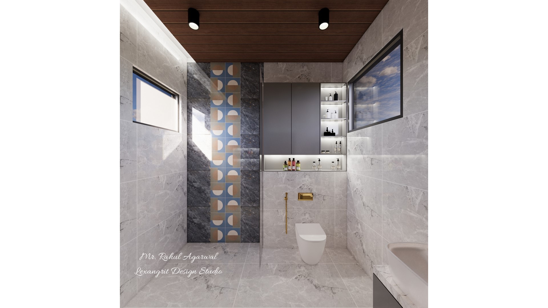 6x5 compact bathroom designer tiles with shower wall WC and niche cabinets design
