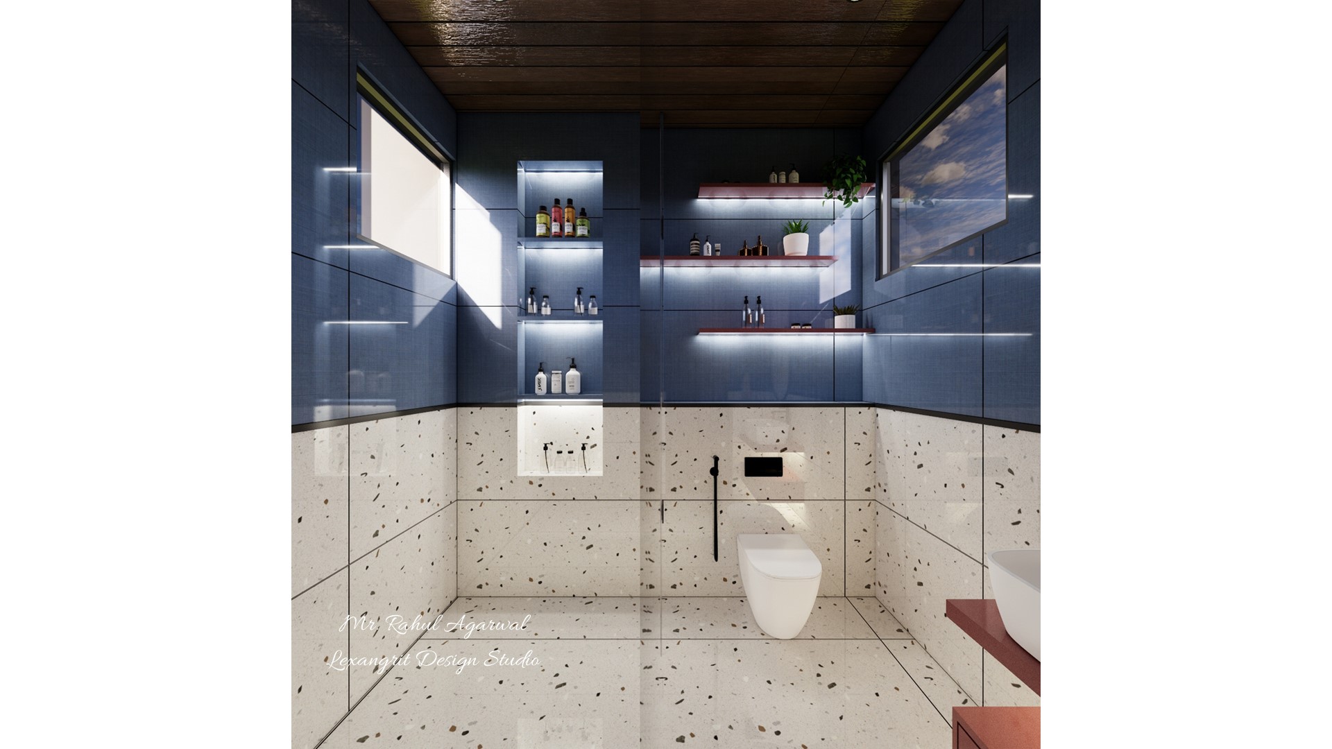 6x5 ft bi colour toilet design with WC shower area and niche on shower wall