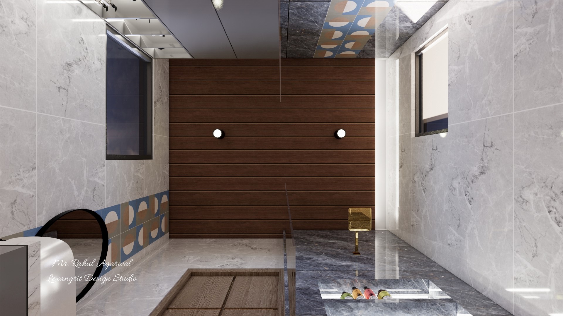 6x5 ft washroom PVC wooden ceiling design with 2 ceiling lights