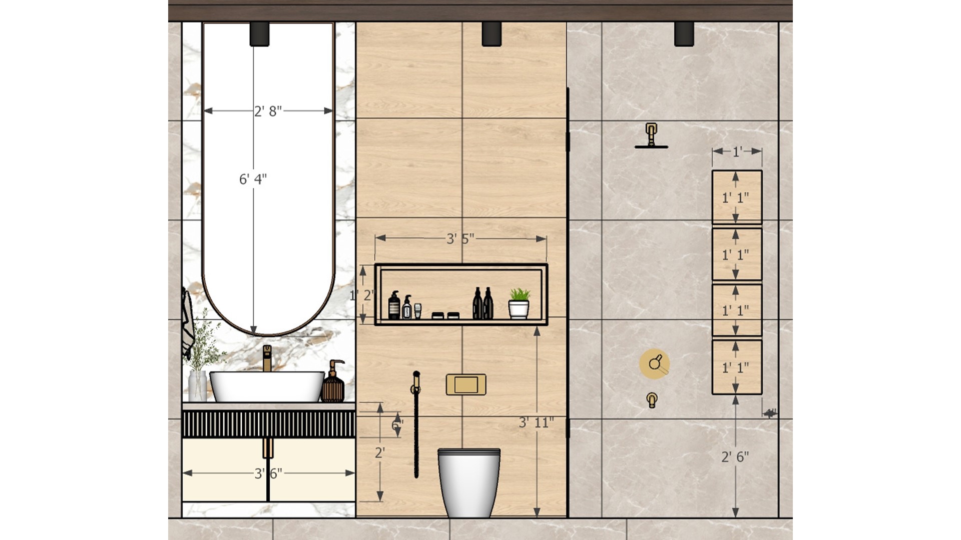8 ft toilet front elevation measurement drawing with oval mirror fluted vanity WC niche and shower wall niches