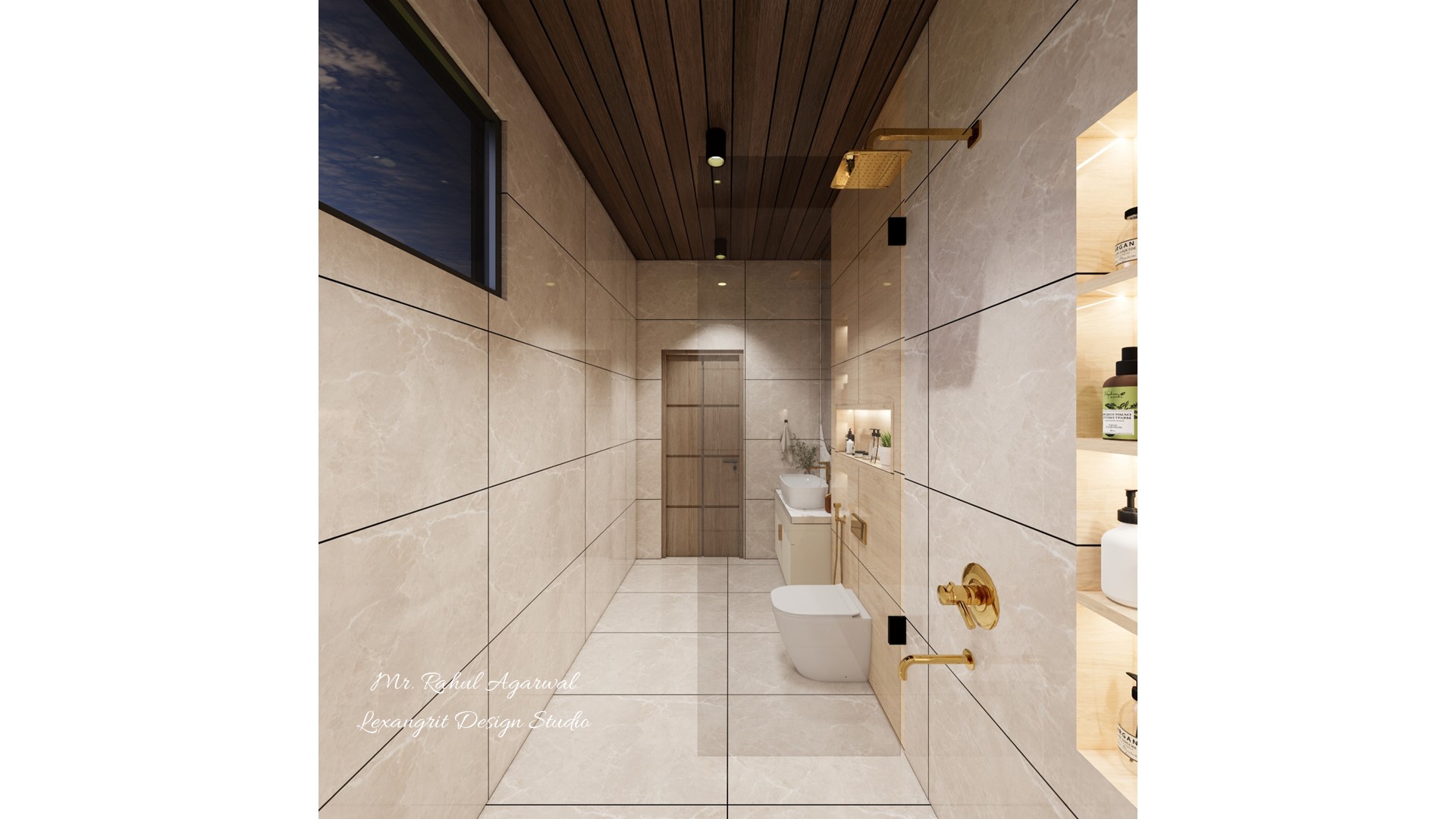 8x4 ft toilet design with cream marble tiles dark wooden ceiling wall hung WC gold fittings and floating vanity