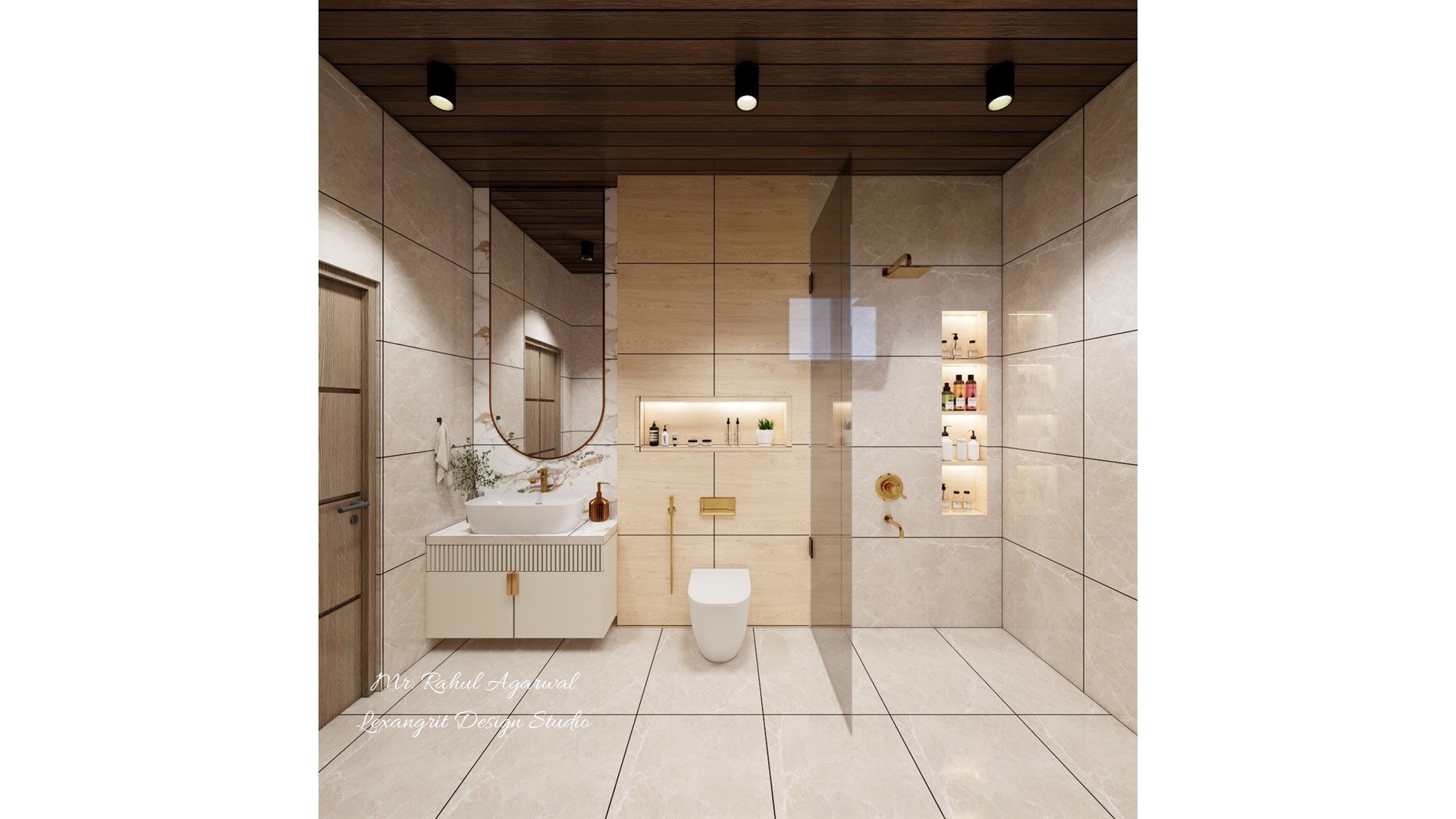 8x5 bathroom design with handwash vanity mirror WC niche frameless glass separator and shower wall niche